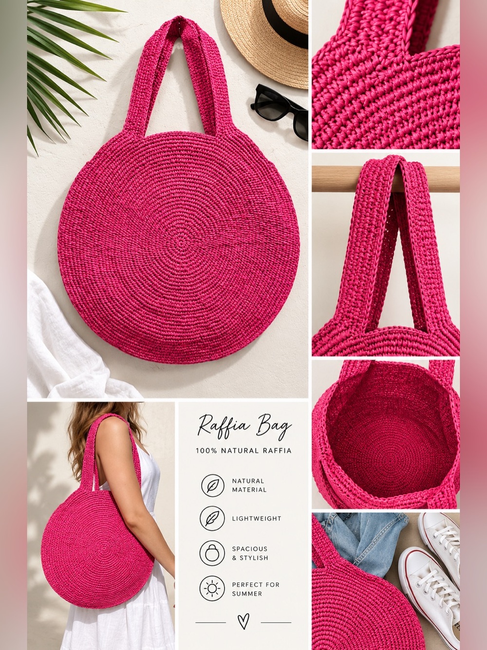 NWOT Hot Pink 100% Raffia Tote Bag Round Shoulder Bag Summer Beach Bag